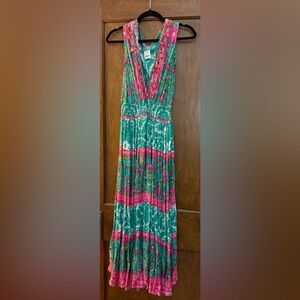 Vibrant Pink and Green Maxi Dress